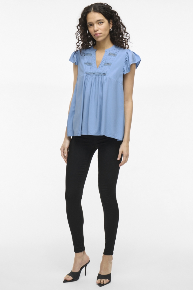 VIVISIA V-NECK C/S PLEATED TOP/TES 14106953 BLISSFUL BLUE
